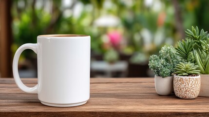 Empty white coffee mug on wooden table with blurred greenery background and small potted succulent plants adding a touch of nature and life to the scene