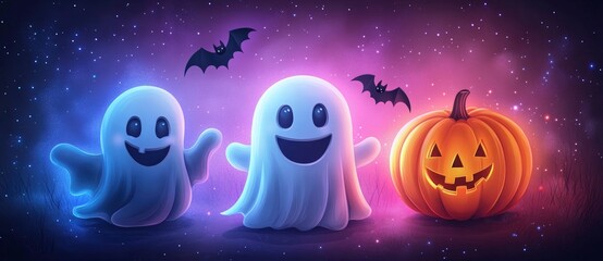 Fototapeta premium Colorful cartoon ghosts with friendly expressions, Halloween pumpkin, bats against a starry night sky background, perfect for festive designs and celebrations.