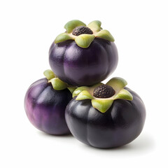 Obraz premium Three ripe, dark purple fruits stacked, white background, food photography, healthy eating