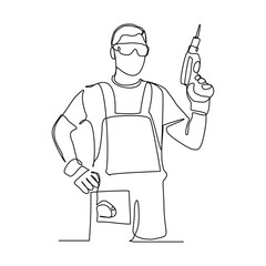 Continuous line drawing of young handyman engineer wearing uniform while holding drill machine. Single line art of repairman construction maintenance service. Vector illustration editable stroke