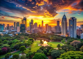 Obraz premium Bangkok Skyline Panorama from Benjakiti Park, Thailand - Stunning Cityscape at Sunset