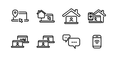 Remote Work Line Icons . Freelancer Work from Home, Video Call, Online Meeting, Teleconference Vector Set