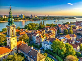 Naklejka premium Belgrade Panoramic View: Gardos Tower, Zemun, Saint Nicholas Church, Summer Skyline