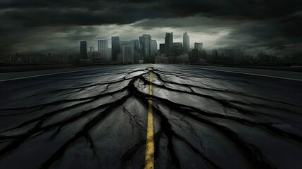 Cracked Road Leading to a Dark Urban Skyline Surrounded by Stormy Clouds and Dramatic Light, Illustrating Urban Decay and Natural Catastrophe