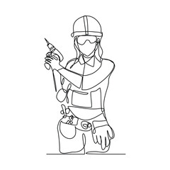 Continuous line drawing of young woman engineer wearing uniform while holding drill machine. Single line art of repair woman construction maintenance service. Vector illustration editable stroke