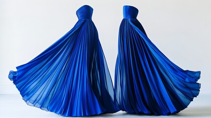 Two elegant blue strapless dresses with flowing pleated skirts on a white background studio shot