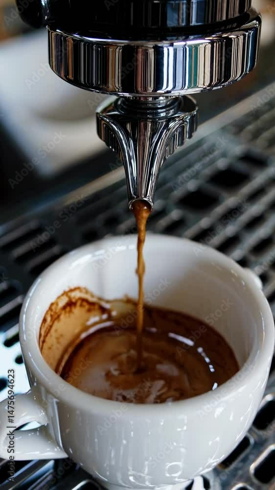 Poster close-up of espresso machine pouring coffee into a white cup. espresso flows smoothly. coffee and es