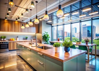 Blurred Modern Office Kitchen - Sleek Countertops & Stylish Lighting - Stock Photo