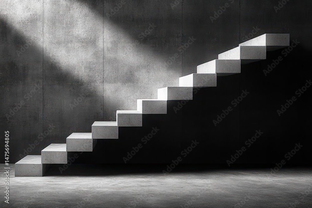 Aufkleber minimalist concrete floating staircase with sharp shadows on textured wall in empty room conveying m