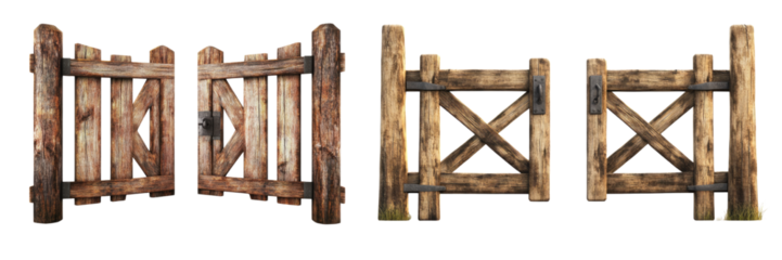 Old Wooden Gate Collection Rustic Farm Entrance Design isolated on transparent png