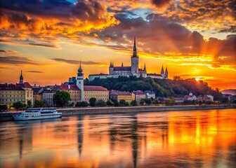 Naklejka premium Bratislava Sunset Silhouette Cityscape Danube River Slovakia