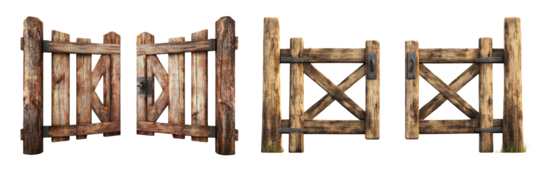 Old Wooden Gate Collection Rustic Farm Entrance Design isolated on transparent png