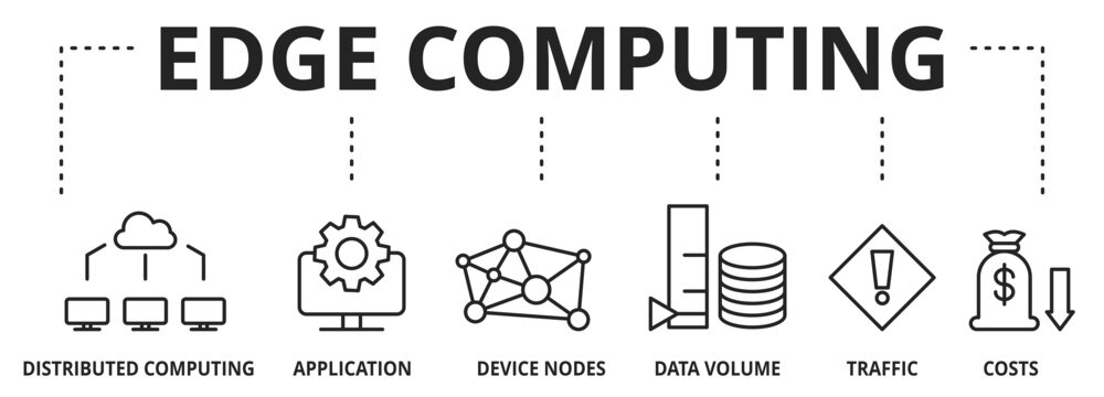 Banner EDGE Computing Information Technology Vector Illustration Concept with icons and the keywords distributed computing, application, device nodes, data volume, traffic, costs.