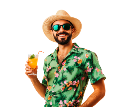 Man in tropical shirt holds cocktail isolated on transparent background