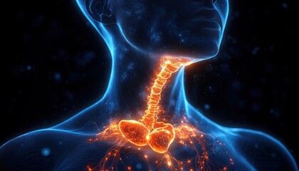 3d illustration of human neck and upper chest with highlighted thyroid gland glowing in bright orange, showing anatomical focus and internal structure