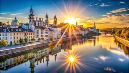 Naklejka premium Candid White Cityscape: Sunlit River & Architectural Wonders