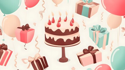 Festive birthday scene with gifts, balloons, and a cake.