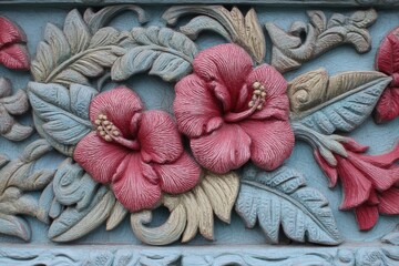 Intricate, decorative floral relief sculpture on a light blue surface.
