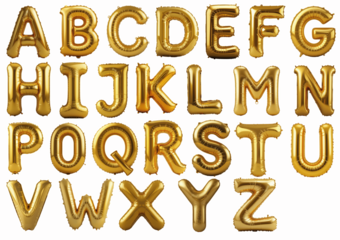 Alphabet Balloons Golden Set for Celebration or Event Decoration isolated on transparent png