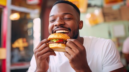 Happy Man Enjoys Delicious Burger with Pure Joy and Excitement