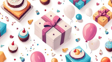 Festive birthday party items in a stylized pattern.