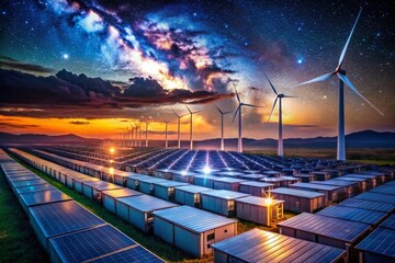 Clean Energy Revolution: Rural Solar, Wind, & Battery Storage Facility at Night