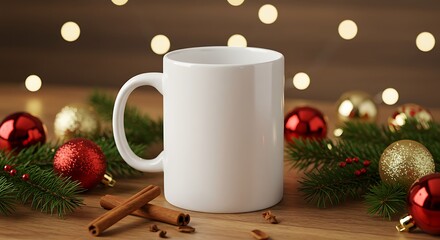 A blank white ceramic mug placed on a table with Christmas decorations, pine branches, cinnamon sticks, and warm light