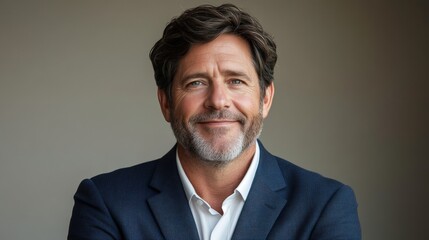 Confident Middle-Aged Man with Beard Wearing Navy Suit and White Shirt Smiling at Camera in Neutral Tone Background for Professional or Business Context