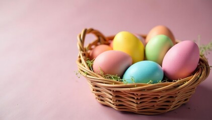 Naklejka premium Vibrant pastel-colored Easter eggs in a basket, showcasing a variety of spring colors , blue, Easter