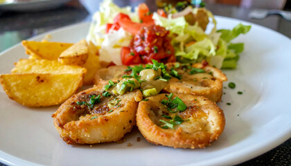 Delicious Pan-Fried Chicken Rolls with Potato Wedges & Salad