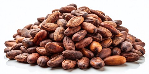 Naklejka premium Close-up of Cocoa Beans Pile, Isolated on White Background - High-Resolution Stock Photo
