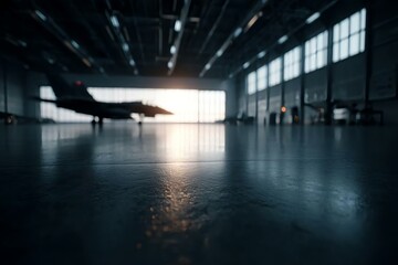 Fighter Jet in Hangar with Sunlight Streaming Through Windows