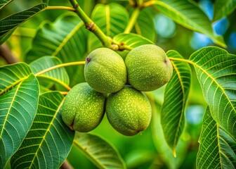 Close-up of Green Walnuts on a Tree Branch - Nature Stock Photo