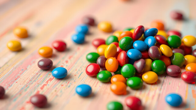 Skittles candy on the colorful table, colorful sweet candy