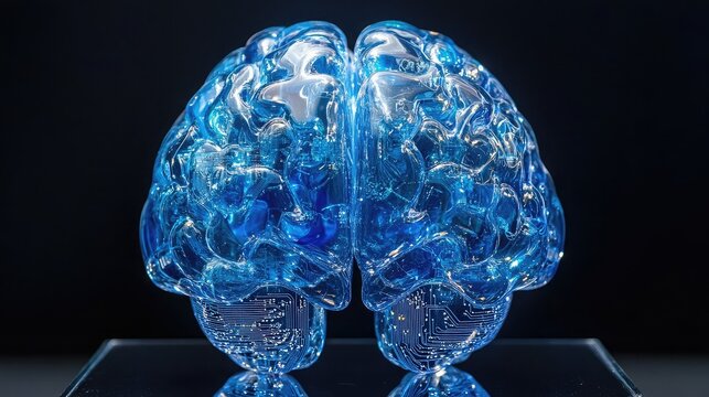 A translucent blue brain model with circuit board patterns on a reflective black surface display