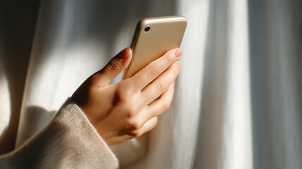 Silhouette of phone holding hand against light curtain creating shadow scene