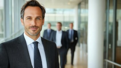 Fototapeta premium Professional man in suit smiling confidently with blurred colleagues in background, demonstrating teamwork, leadership, and corporate success in modern office environment