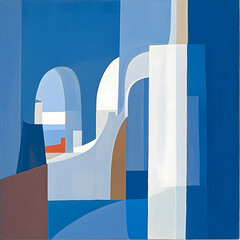 Abstract coastal architecture, blue tones, sea view, tranquil scene; ideal for home decor