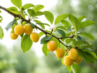 Branch with ripe yellow plums. A tree with many yellow plums hanging from it.