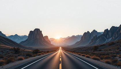 Driving Scenic Road Through Mountains at Sunrise with Sunburst and Haze