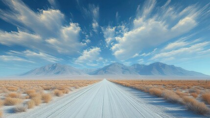 Obraz premium Long straight dirt road stretching into dry desert landscape with distant mountains under a bright blue sky with wispy clouds