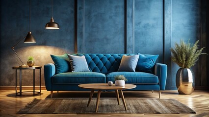 Obraz premium Cozy Living Room: Silhouette of Blue Velvet Sofa & Rustic Accent Table