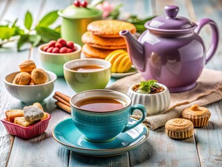 Fototapeta premium Cozy Tea Time: Isolated Teacup, Kettle, Teapot, and Treats Stock Photo