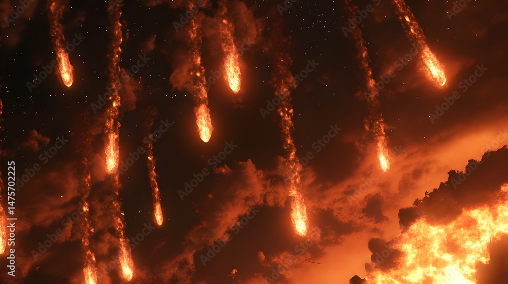 Poster fiery celestial objects falling through a dark sky.