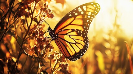 Monarch Butterfly Resting on Flower in Warm Golden Light