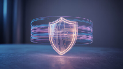 Glowing shield icon surrounded by digital particles, symbolizing robust data protection in a digital world.

