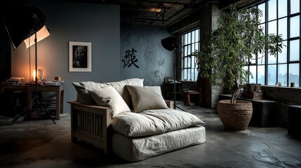 Cozy and Minimalistic Living Room Featuring a Comfortable Sofa, Large Windows, Indoor Plants, Soft Lighting, and Industrial Décor Elements for Modern Homes