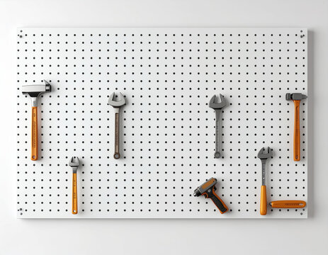 Collection of tools organized on pegboard wall