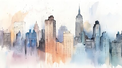 Watercolor Cityscape Muted Blues and Oranges Skyline
