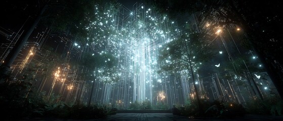 Mystical woodland illuminated by ethereal lights and ethereal butterflies
